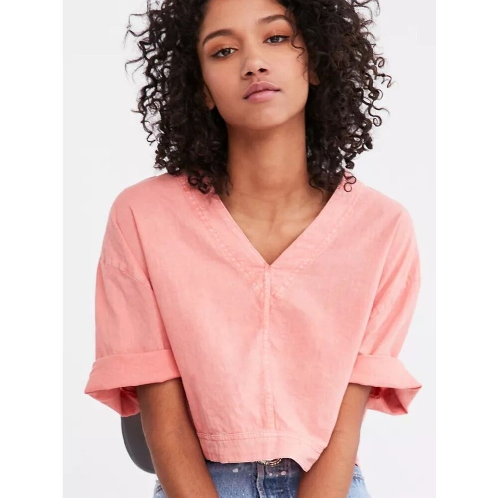 Urban Outfitters BDG Dylan Cropped Linen Blend Popover Shirt | Peach | Medium